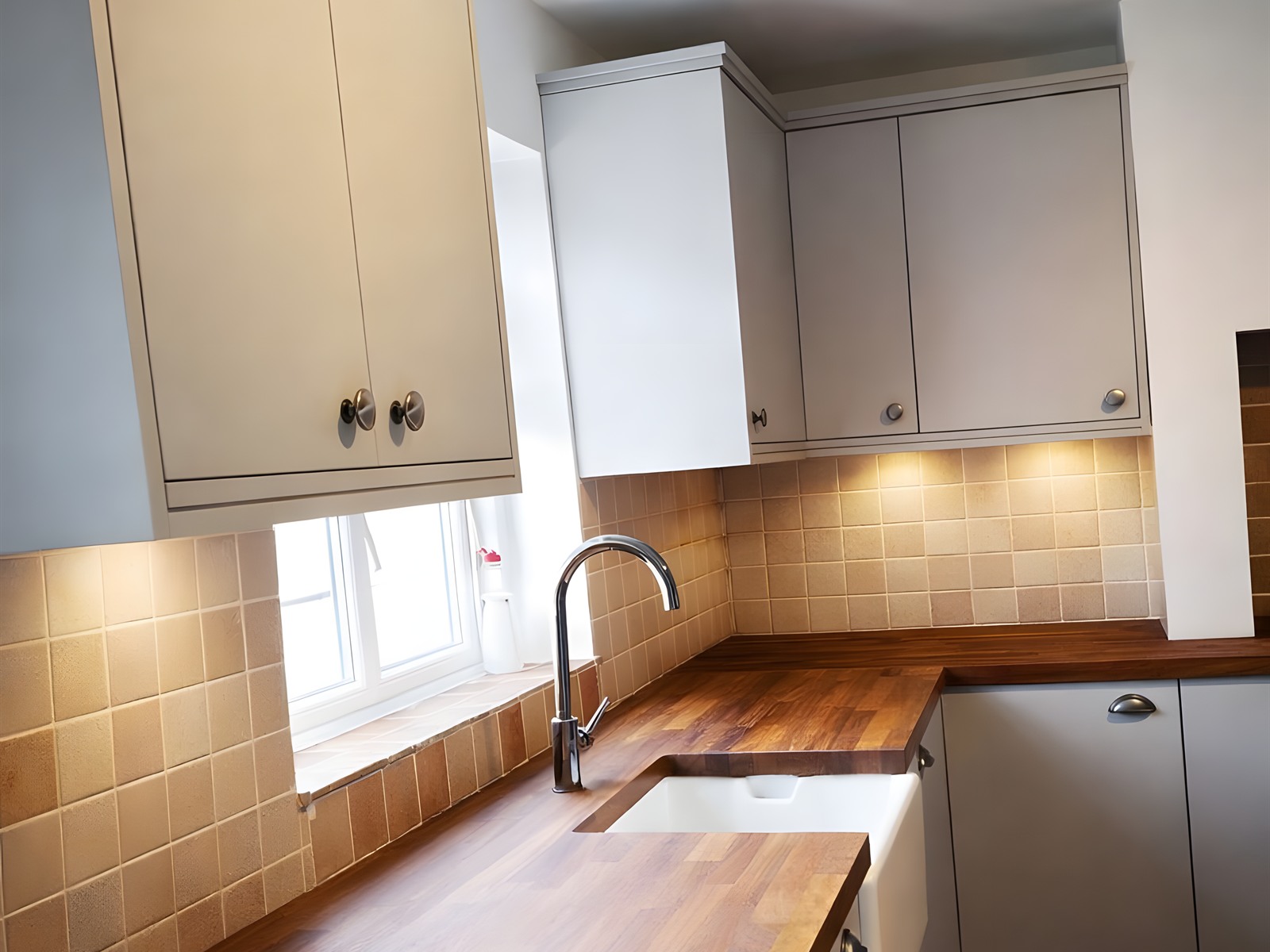 Bespoke fitted kitchen with solid wood worktop and butler sink